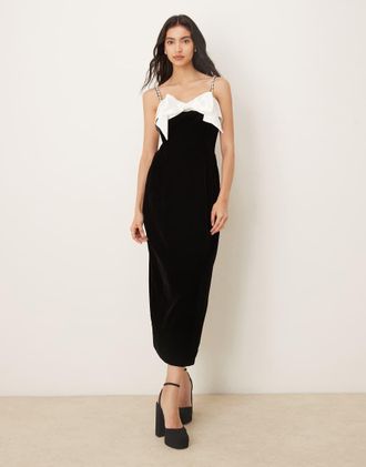 Sister Jane Sister Jane - Kelly - Vestito midi in velluto nero con fiocco bianco e spalline decorate