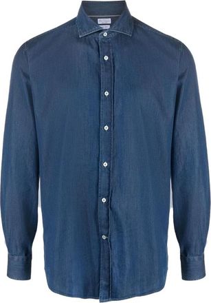 Brunello Cucinelli Italiaanse Denim Overhemd- 100% Katoen - Heren - Spijkeroverhemden - Blauw - M - Katoen - Overhemden