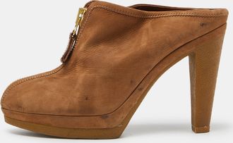 Sergio Rossi Brown Nubuck Leather Zip Platform Mules