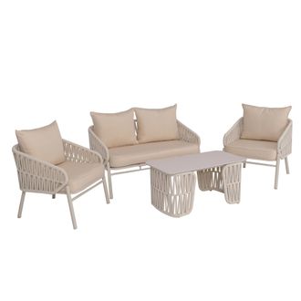 Hhg Conjunto De Jard&iacute;n Hhg-224, Conjunto De Sal&oacute;n Sof&aacute; De Jard&iacute;n, Sill&oacute;n, Mesa, Tejido De Cuerda/textil (180 G/m&sup2;), Crema