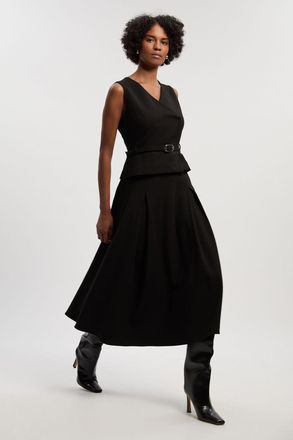 Karen Millen Womens Compact Essential Belted Tailored Full Midi Dress - Black - Size 16 UK