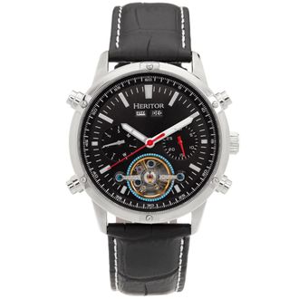 Heritor Wilhelm Semi-Skeleton Leather-Band Watch w/Day/Date - Black