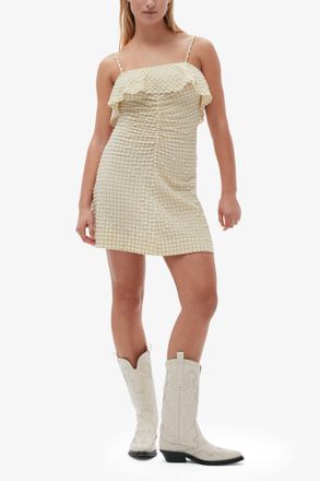 Ganni Stretch Seersucker Strap Mini Dress - Size 32 Beige