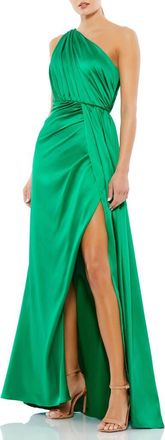 Mac Duggal Gathered One Shoulder Satin Faux Wrap Gown in Emerald at Nordstrom, Size 10