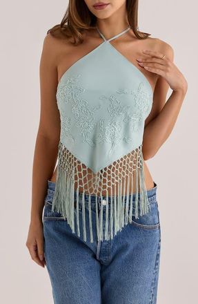 House of CB Sareena Hand Embellished Fringe Halter Top in Jade at Nordstrom, Size X-Large