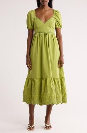August Sky Puff Sleeve Embroidered Hem Maxi Dress in Light Olive at Nordstrom Rack, Size Medium