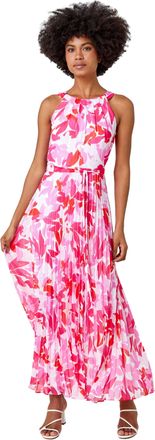 Roman Womens Floral Pleated Halter Neck Maxi Dress - Pink - Size 18 UK