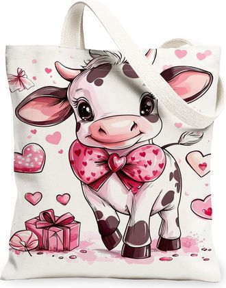 Generic Cute Cow Canvas Tote Bags, Adorable Animal Pattern Reusable Grocery Bags, ValentineS Day Lightweight Washable Shoulder Str, Peach, 13x15 Inch