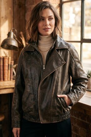 Infinity Leather Dames bruine koeienleer Big Bomber Biker Blouson Oversized Jas - Bloom
