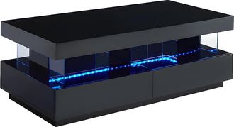 Vente-Unique Mesa de centro - MDF lacado - LEDs - 2 cajones y 2 estantes - Negro - FABIO II