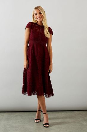 Wallis Womens Petite Lace Fit And Flare Dress - Wine - Size 16 UK