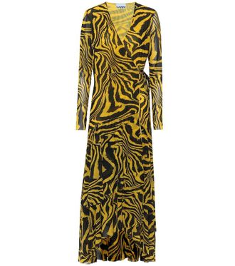 Ganni Animal-print mesh wrap dress