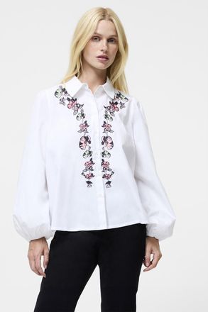 French Connection Womens Cream Cotton Embellished Long Sleeve Elastic Cuffs Button-Up Shirt - Size 10 UK