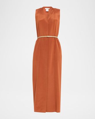 Lafayette 148 New York Sleeveless Stretch Silk Midi Dress with Leather Belt