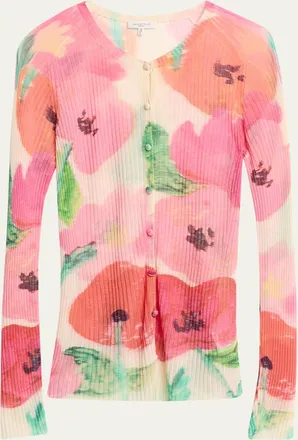 Lafayette 148 New York Floral-Print Rib Knit Cardigan