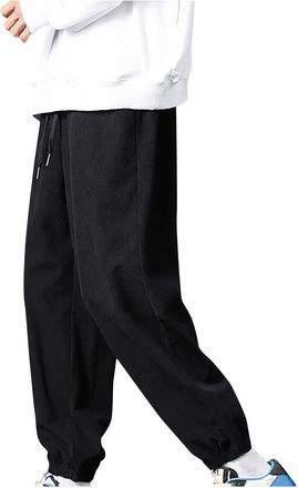 Generic Mens Corduroy Trousers Tapered Fit Gym Trouser with Pockets Elasticated Waist Sweatpants Solid Colour Drawstring Joggers Bottoms Wide Leg Sportswear S