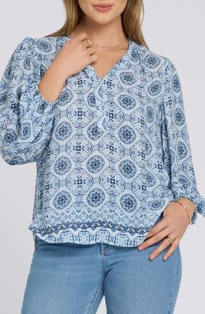 NYDJ Print Puff Shoulder Top in Azure Sky at Nordstrom, Size Xx-Small