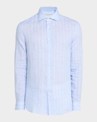 Brunello Cucinelli Mens Pinstripe Linen Button-Down Shirt
