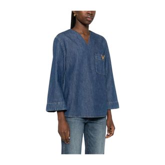 Valentino Garavani Blouses, female, Blue, Size: XS V-neck Pocket Top
