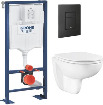 GROHE Paquete De Montaje Independiente Grohe Solido + Cuenco Colgante Sin Reborde Con Asiento Cer&aacute;mico Bau + Placa De Control Negro Mate