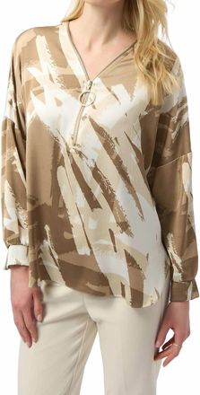 Joseph Ribkoff Abstract Zip V-Neck Satin Top In Beige/off-White