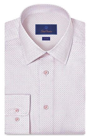 David Donahue Trim Fit Geometric Print Cotton Dress Shirt in White/Pink at Nordstrom, Size 16.5 - 36
