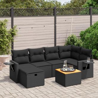 vidaXL Set De Comedor De Jard&iacute;n 7 Pzas Y Cojines Rat&aacute;n Sint&eacute;tico Negro Vidaxl