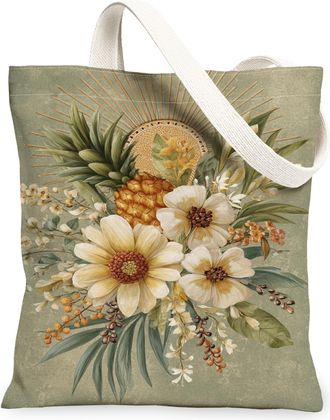 Generic Floral Canvas Tote Bags, Vintage Botanical Print Reusable Grocery Bags, Autumn Rustic Linen Lightweight Washable Shoulder S, Green, 13x15 Inch