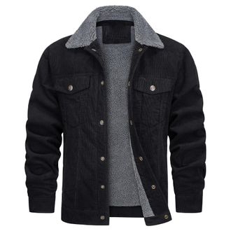 Generic Mens Corduroy Sherpa Jacket Cotton Cargo Fleece Work Button Coats Faux Fur Collar Lapel Thickened Trucker Coat, Black, Medium
