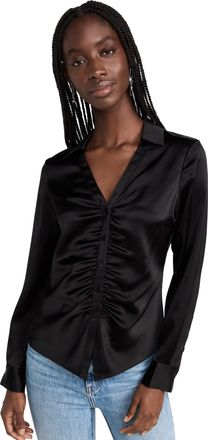 Theory Womens Ruched Button Down Shirt, Black, M