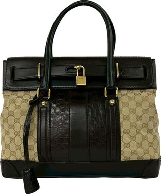 Gucci Beige Brown Canvas Leather Boston Bag Handbag Tote Bag (Pre-Owned)