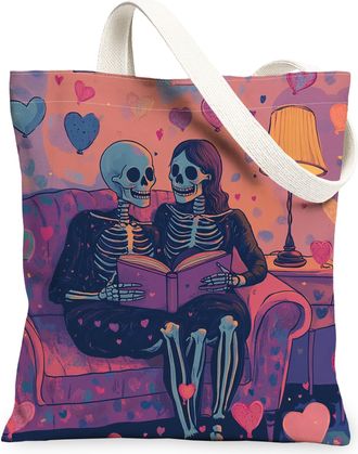 Generic Romantic Valentines Day Canvas Tote Bag for Shopping 13x15, Skeleton Skull Couple Love Reusable Grocery Print Pattern Bag for Women, Fun Lover Beach A