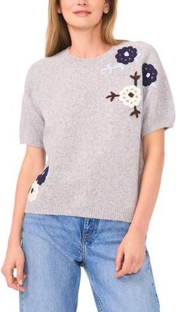 Halogen Floral Embroidered Short Sleeve Sweater in Light Heather Grey at Nordstrom Rack, Size Medium
