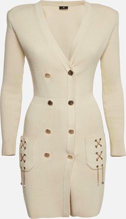 Elisabetta Franchi Beige Rib Knit Chain Detail Double Breasted Mini Dress