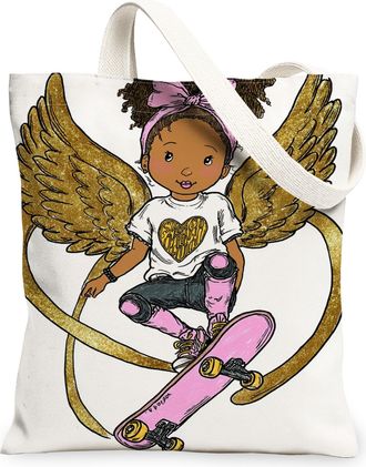 Generic Angel Wings Canvas Tote Bags, Cute Skateboard Design Lightweight Washable Reusable Grocery Bags for Spring Outdoor Travel S, White, 13x15 Inch
