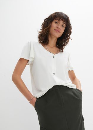 Bonprix T-Shirt BONPRIX Shirt mit Knopfleiste, Damen, Gr. 56/58 (XXXL), weiss (wollwei&szlig;), Obermaterial: 64% Polyester, 32% Viskose, 4% Elasthan, bequem, Shirt