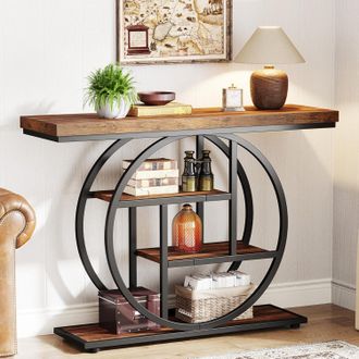 Tribesigns Tavolo Consolle Industriale A 4 Ripiani Da 104,9 Cm, Tavolo Da Ingresso Con Base Circolare, Tavoli Stretti In Legno Con Ripiani Portaoggetti Per Soggi
