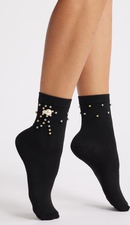 High Heel Jungle Heirloom Imitation Pearl Crewn Socks in Black at Nordstrom