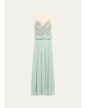 Costarellos Branka Embellished Crisscross Lurex Georgette Illusion Gown