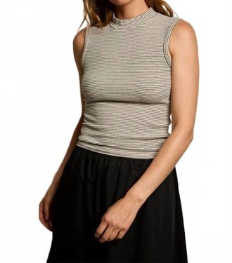 perfectwhitetee Mel Luxe Rib Mock Neck Tank Top In Heather Grey/black Stripe