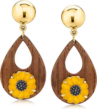 Ross-Simons Wooden Sunflower Drop Earrings With Yellow Chalcedony in 18kt Gold Over Sterling