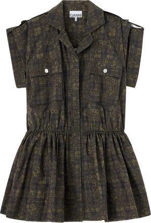 Ganni Jurk van stretchkatoen met print en utility-details - Dames - Korte kleedjes - Groen - S - Katoen - Kleedjes