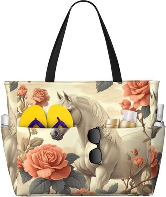 Generic Horse Floral Print Large Beach Bag Foldable Travel Shoulder Tote Bag With Pocket For Weekender Pool Vacation