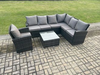 Fimous Wicker PE Outdoor Garden Furniture Set High Back Rattan Corner Sofa Set with Armchair Square Coffee Table in Dark Grey