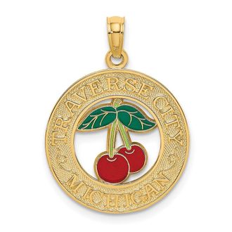 Diamond2Deal 14k Yellow Gold TRAVERSE CITY MI Enamel Cherry Charm Pendant