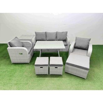Fimous Reclining Chair 3 Seat Sofa Set Garden Furniture Set with Rectangular Dining Table Side Table 3 Footstools Light Grey - Fimous