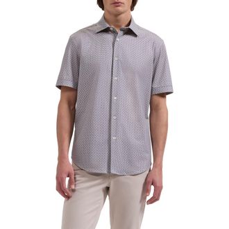 Bugatchi Miles OoohCotton Mosaic Print Short Sleeve Button-Up Shirt in Shark at Nordstrom, Size Xx-Large