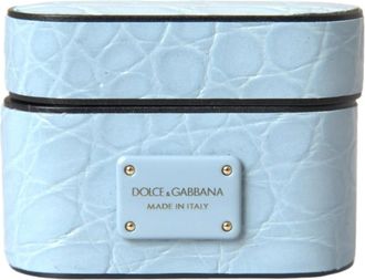 Dolce & Gabbana Metalen Logo Airpods Hoes Lichtblauw - Dames - Telefoonaccessoires - Blauw - ONE Size - Leer - Accessoires