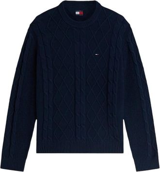 Tommy Jeans Flag Cable Knit Jumper - Heren - Ronde hals truien - Blauw - S - Katoen - Truien & Vesten