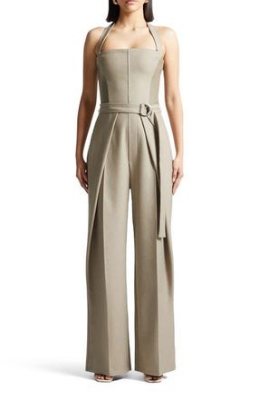 Mani&egrave;re De Voir Sabine Tailored Pleat Jumpsuit with Belt in Beige at Nordstrom, Size 8